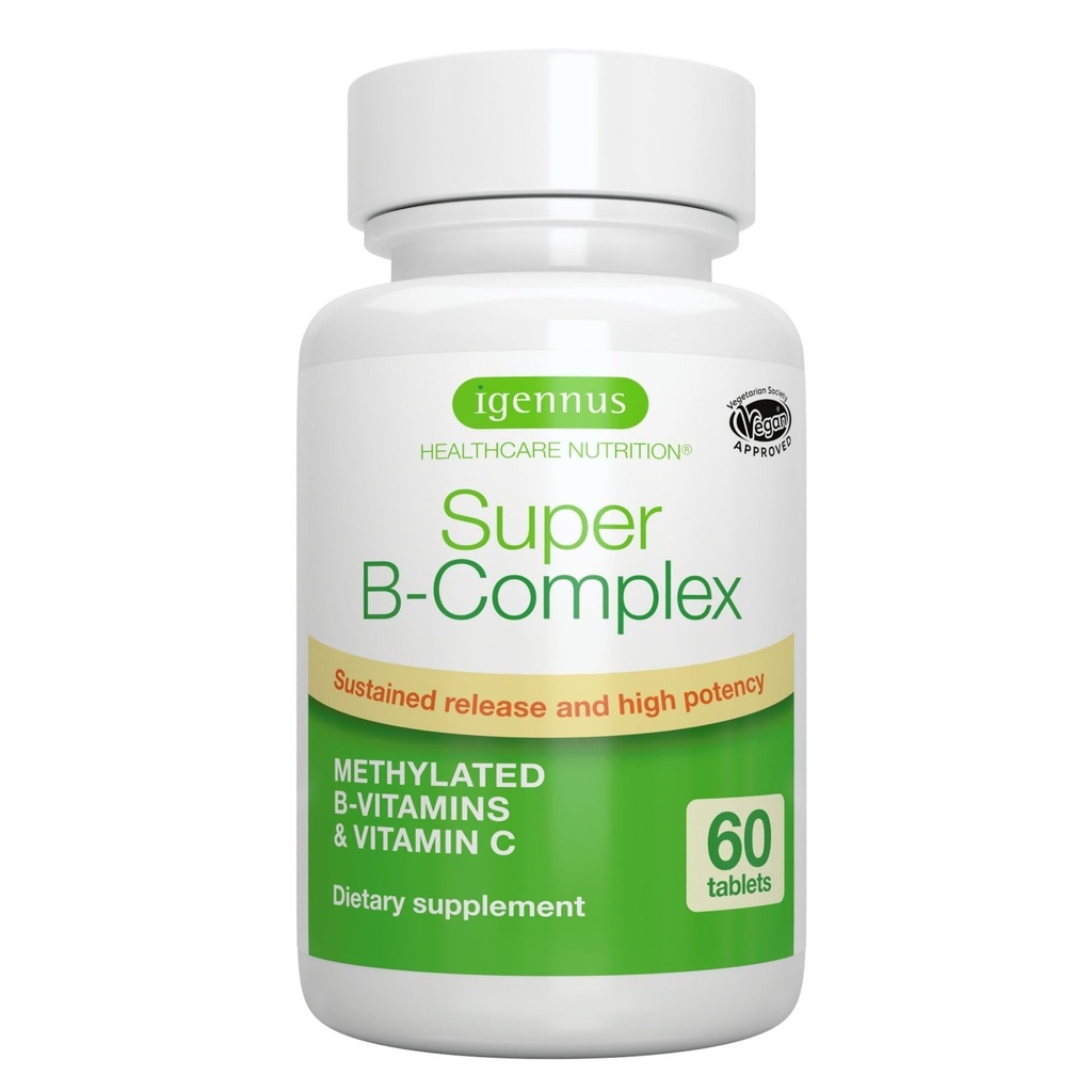 Igennus Super B-Complex μεθυλιωμένες βιταμίνες Β, All Day Nutrient Delivery, Clean Label, MTHFR συμπλήρωμα με μεθυλοφολικό & B12 μεθυλοκοβαλαμίνη, Vegan, Εργαστήριο Επαληθευμένο, 60 μικρά δισκία