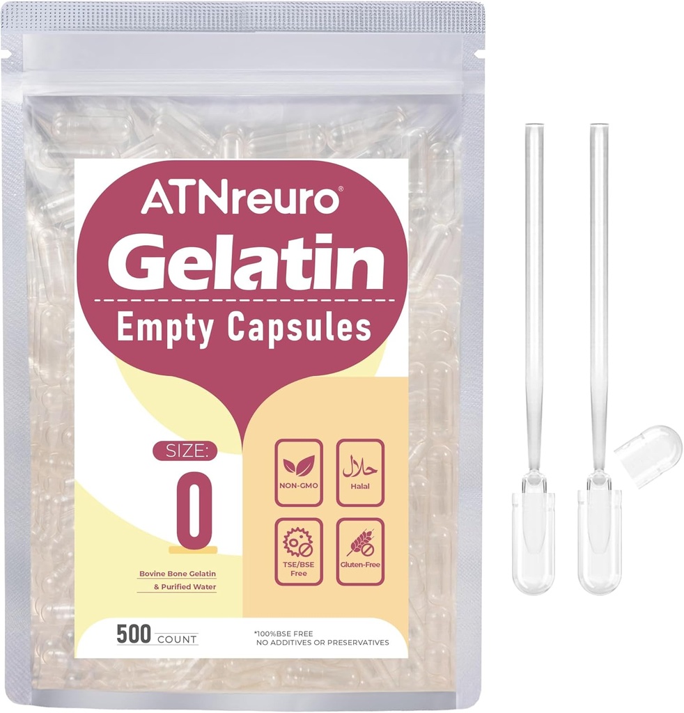 Size 0 Empty Gelatin Capsules with 2 Micro Spoons - 500 Count Empty Clear Capsule - Gel Pill Capsules for Powders Supplements