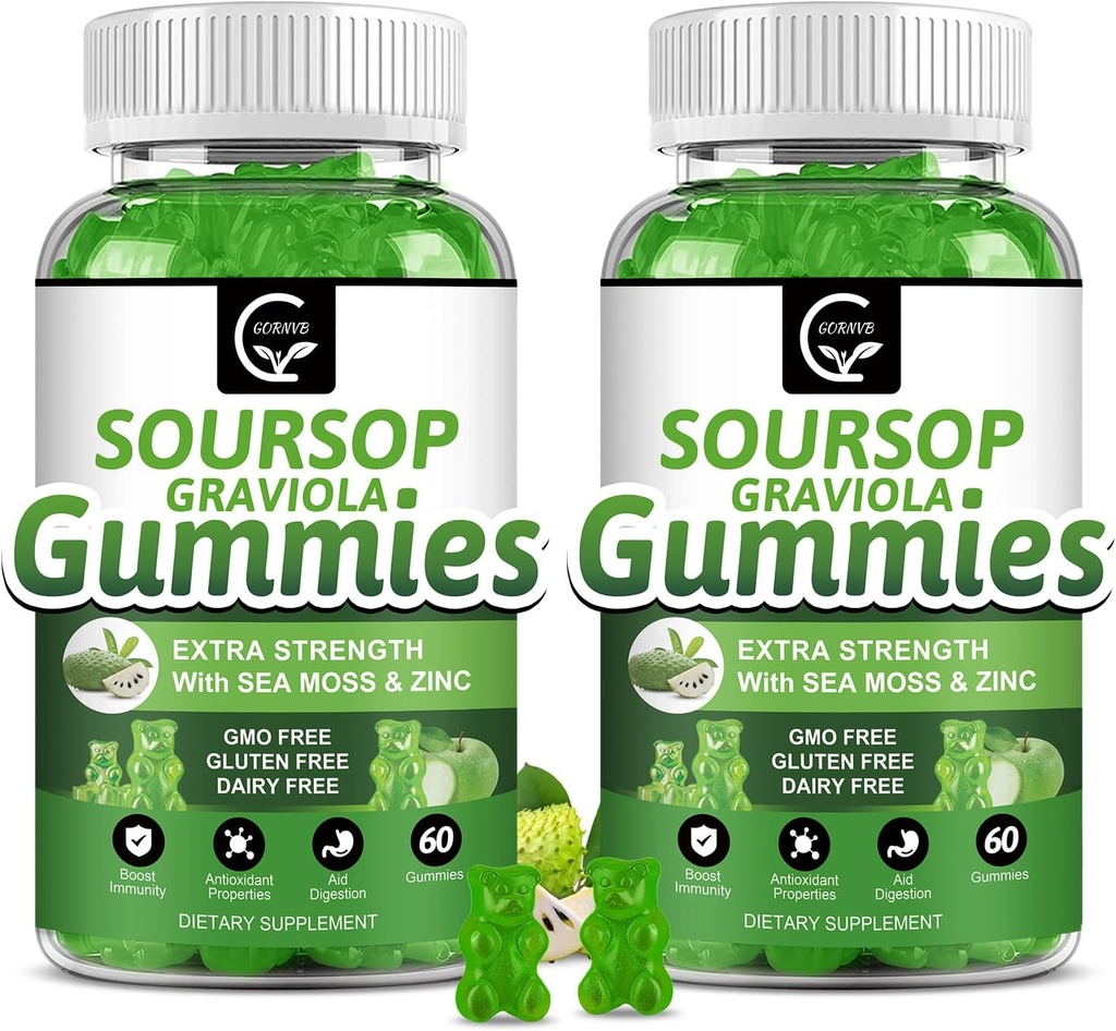 (2 Pack) Σούρσοπ Graviola Gummies - 2200mg Extra Strength Soursop Leaves Extract w/Sea Moss Extract 200mg, Ψευδάργυρος & Βιταμίνη C - Υποστηρίζει Ανοσία, Ήπαρ & Πεπτικό, Χωρίς Γλουτένη, Vegan, 120 Gummies
