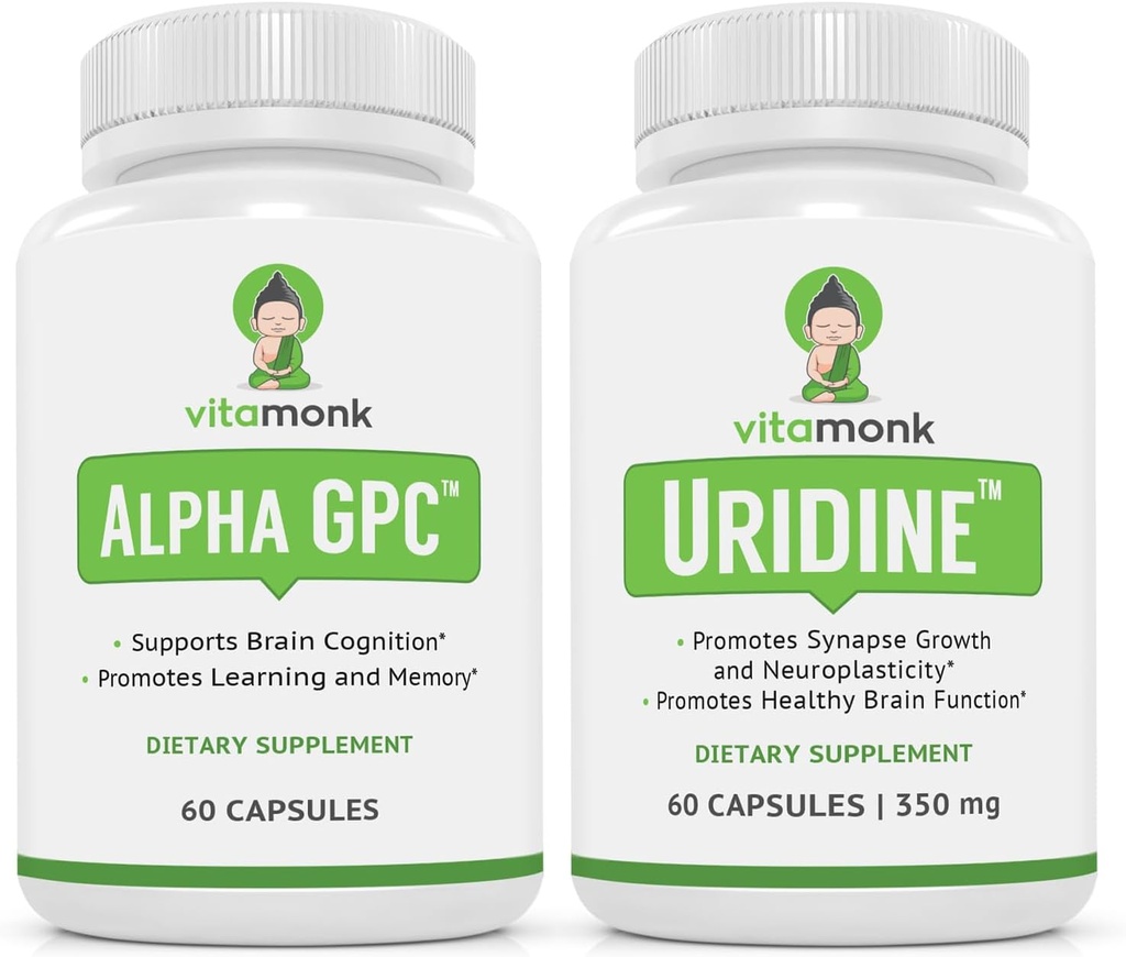 VitaMonk Alpha GPC και στοίβα ουριδίνης - Mr Happy Stack - Μονοφωσφορική ουριδίνη χωρίς τεχνητά πληρωτικά - Βιοδιαθέσιμα συμπληρώματα χολίνης Προώθηση Γνωστικότητα, Εστίαση, διανοητική σαφήνεια