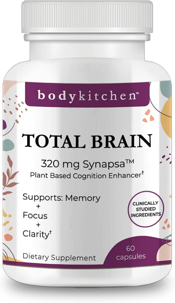 Body Kitchen Total Brain Supplement, υποστηρίζει αυξημένη μνήμη, εστίαση και σαφήνεια με Bacopa, καφέ φρούτα & Brainberry, κλινικά δοκιμαστεί, Veggie Caps, 60 Count