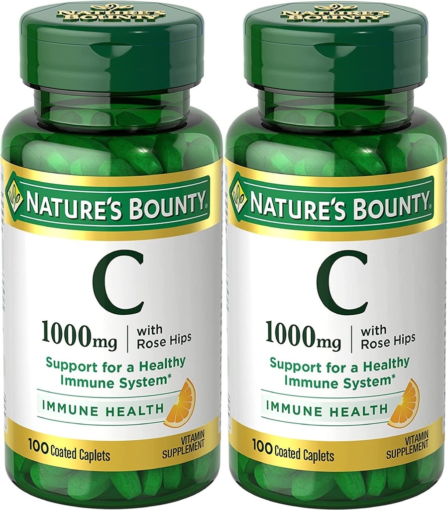 Nature's Bounty Vitamin C + Rose Hips, Ανοσοποιητική Υποστήριξη, 1000mg, Επικαλυμμένο Caplets, 100 Ct - Συσκευασία των 2