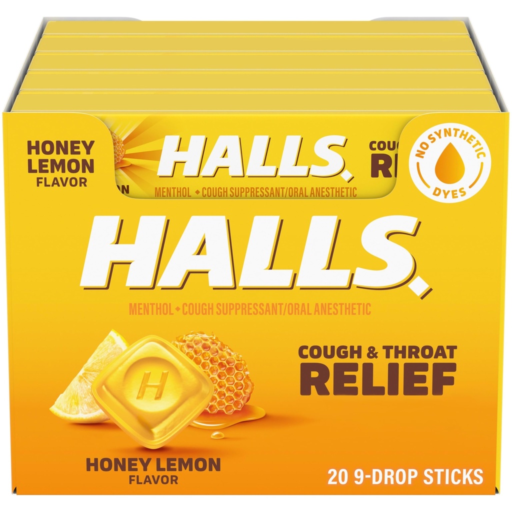 HALLS Βήχας και λαρύγγι ανακούφιση μέλι σταγόνες λεμόνι βήχα, 20 ραβδιά 9 (180 Σύνολο σταγόνες)