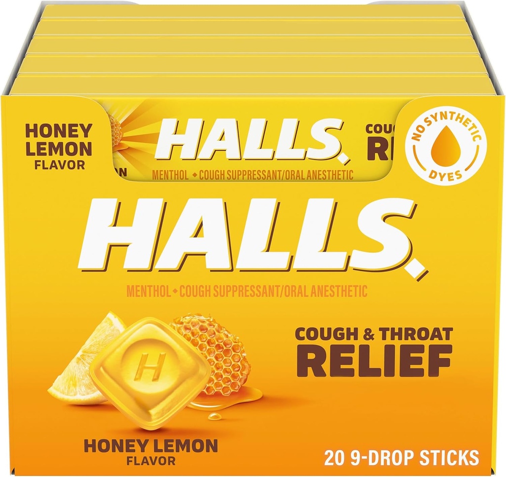 HALLS Βήχας και λαρύγγι ανακούφιση μέλι σταγόνες λεμόνι βήχα, 20 ραβδιά 9 (180 Σύνολο σταγόνες)