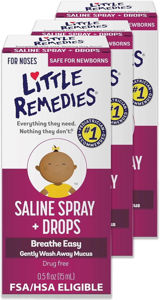 Little Remedies Sterile Baby Saline Nasal Spray and Drops, Ασφαλές για Νεογέννητα για να ανακουφίσει Stuffy και Dry Noses, 0.5 Fl Oz, πακέτο των 3