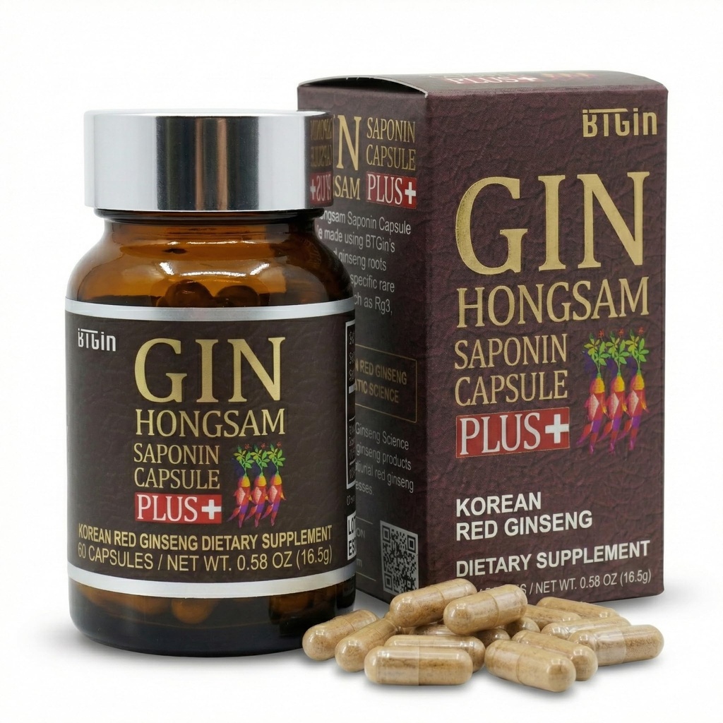 Gin Hongsam Saponin Capsule Plus Korean Red Panax Ginseng Extract - High Rg3 & Compound K Supplement - Caffeine Free Extra Strength Energy, Focus & Immune Support - 60 Capsules