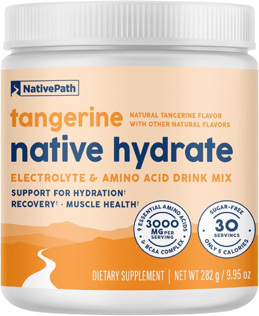 NativePath Native Hydrate, Zero Sugar, Ηλεκτρολυτές σε σκόνη με BCAAs, Tangerine Hydration, Keto & Paleo Friendly, 30 εξυπηρετούν