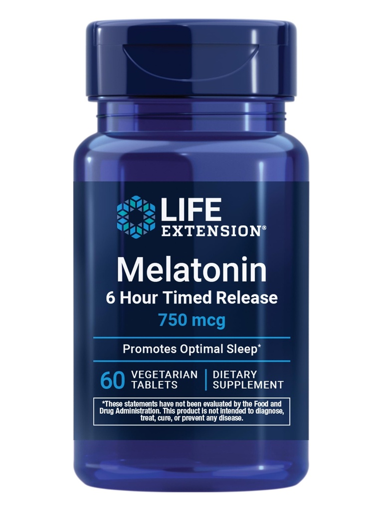 Επέκταση ζωής Melatonin 6 Hour Timed Release, 750 mcg, Extended-Release Formula for Gentle Sleep Support, Healthy circadian Rhythms, Cellular Defense, Gluten- Free, Μη ΓΤΟ, Χορτοφαγικά, 60 δισκία