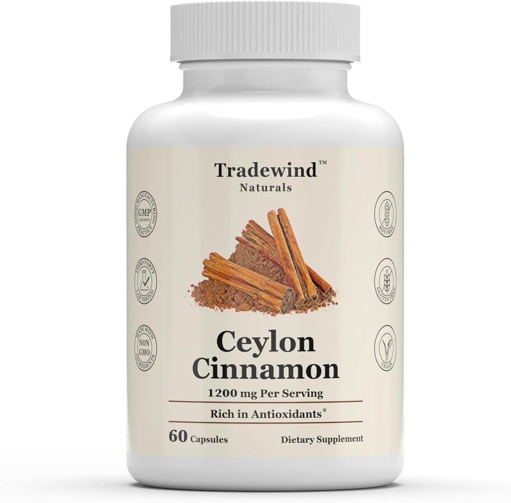 Ceylon Cinnamon 1200mg - Pure Ceylon Cinnamon - Vegan - Μη ΓΤΟ - Υποστήριξη Καρδιάς και Γνωστικής Υγείας - Πλούσια σε Αντιοξειδωτικά - 60 Καψάκια λαχανικών - Κατασκευασμένες στις ΗΠΑ