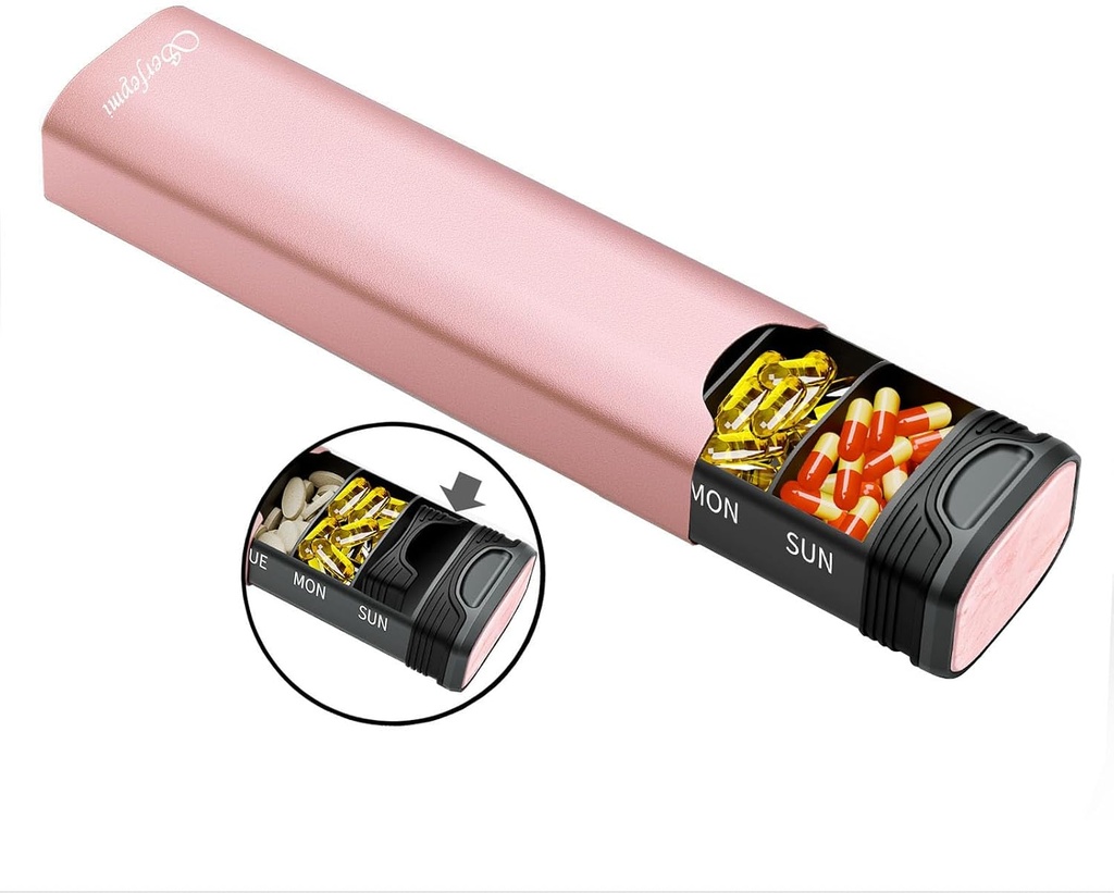 Metal Weekly Pill Organizer, Serfeymi Aluminium Daily Pill Box, 7 Day Pill Υπόθεση Travel Medicine Organizer,Χωματοποιητές (Spare Gasket) για βιταμίνες, ιχθυέλαια, χάπια, συμπλήρωμα (NO LID)- Pink