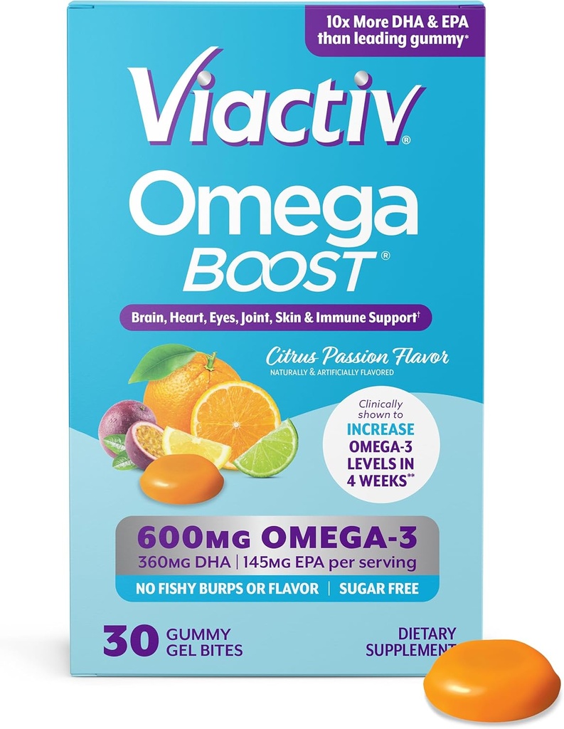 Viactiv Omega 3 Fish Oil Gummies. EPA DHA Supplement for Heart Health and Brain Health, 30 Sugar Free Gummy Vitamins, 1pc Serving
