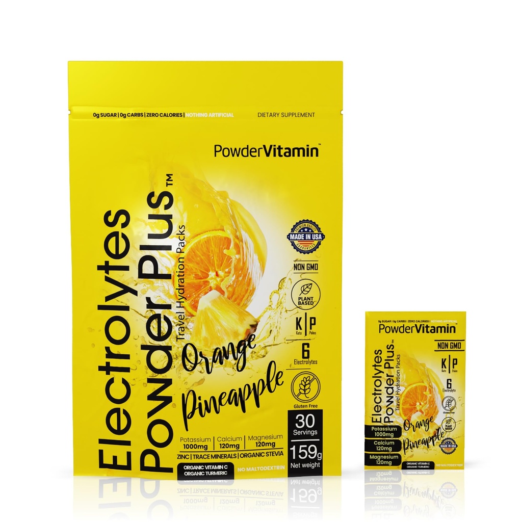PowderVitamin Electrolytes Powder Plus, Keto, Orange Pineapple, Sugar Free, 1000mg Κάλιο, 120mg Ασβέστιο, 120mg Μαγνήσιο, Μη-GMO, Μη-GMO, Μηδέν θερμίδες, 30 πακέτα ενυδάτωσης