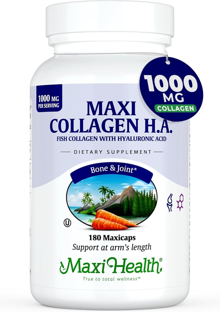 Maxi Health Marine Collagen Pills – 1000 mg τύπου 1 Collagen για γυναίκες & άνδρες με Hyaluronic Acid Supplement για κοινή & δερματική υποστήριξη – Άγευστες, καθαρές κάψουλες Kosher (180 Maxicaps)
