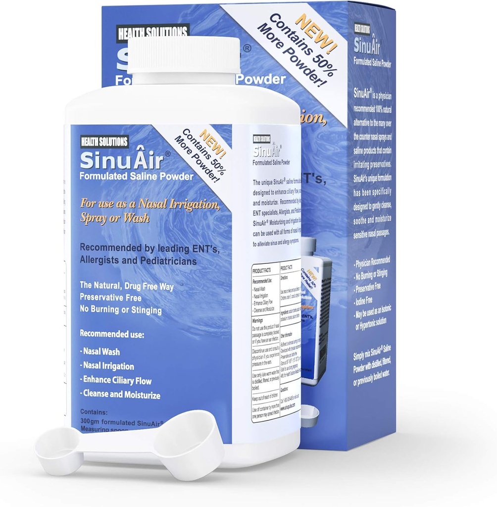 SinuPulse Elite SinuAir Sinus Rinse Salt Solution - Saline Powder for SinuPulse System, Neti Pot Flush, Nasal Wash Squeeze Bottle, & Nose Irrigation for Sinuses, 300g
