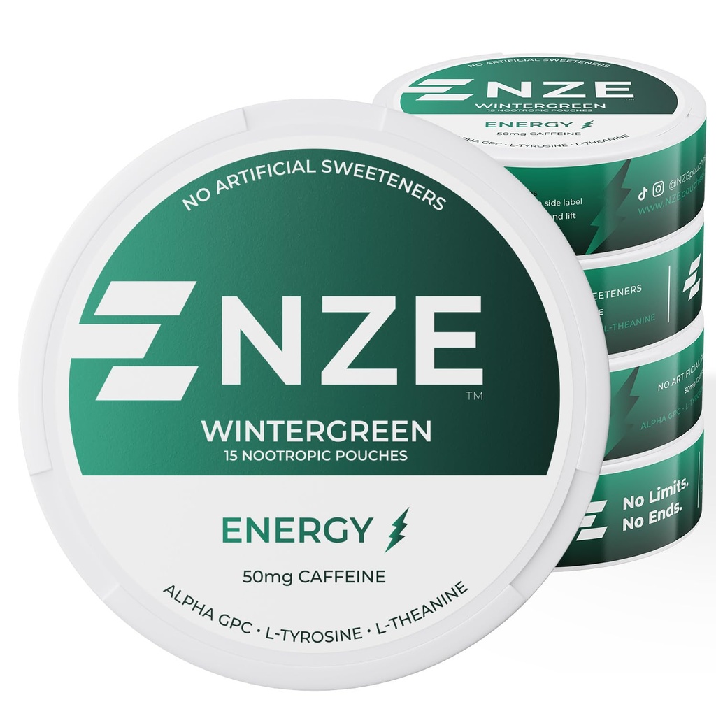 NZE Caffeine Nootropic Pouches (Wintergreen) - Ενεργειακοί σάκοι με 50mg Caffeine, Alpha GPC, L-Tyrosine & L-Theanine με Χωρίς Ζάχαρη ή Τεχνητά γλυκαντικά - 15 Pouchs Per Can - 5 Pack