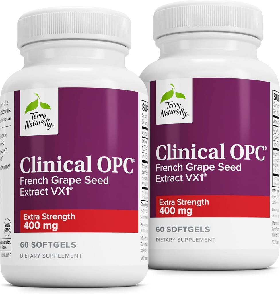 Terry Φυσικά Clinical OPC Extra Strength - Καρδιαγγειακή Υγεία & Υποστήριξη Εστίασης - Συμπλήρωμα με εκχύλισμα σπόρων σταφυλιού - Συμπλήρωμα υποστήριξης ανοσοποιητικών - 60 Softgels (Pack of 2)