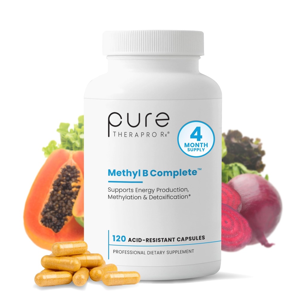 Pure Therapro Rx Methylated B Complex Vitamins Made in USA, 4 Month Supply | Methyl B Complete Quatrefolic 5-MTHF Folate, B12 Methylcobalamin, TMG Trimethylglycine, Methylfolate | Pharm Grade