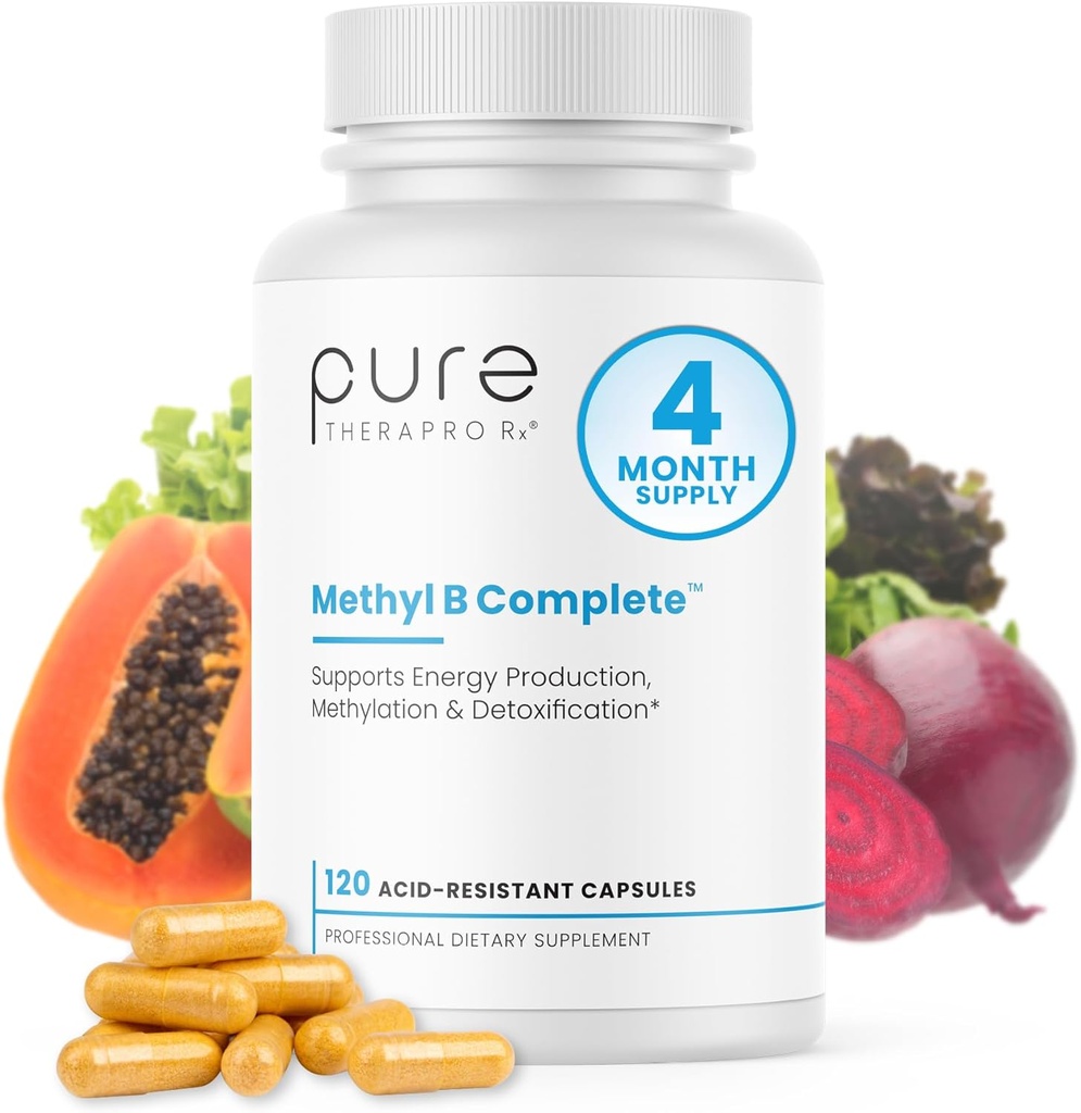 Pure Therapro Rx Methylated B Complex Vitamins Made in USA, 4 Month Supply | Methyl B Complete Quatrefolic 5-MTHF Folate, B12 Methylcobalamin, TMG Trimethylglycine, Methylfolate | Pharm Grade