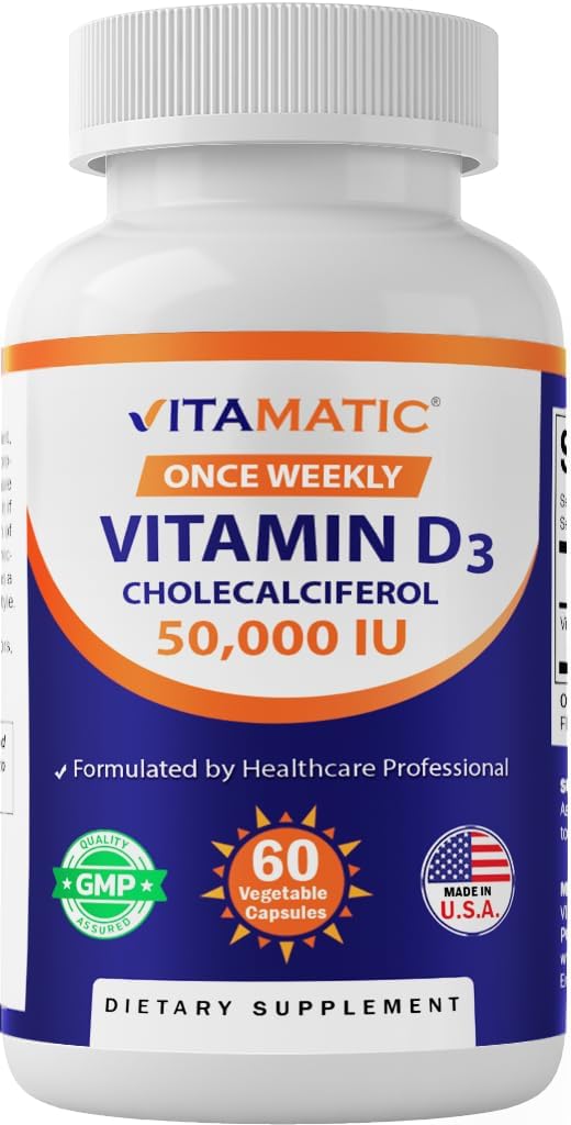 Vitamatic Vitamin D3 50.000 IU (ως Cholecalciferol), Μία Εβδομαδιαία Δόση, 1250 mcg, 60 κάψουλες Veggie 1 έτος προσφοράς, Προοδευτική Φόρμουλα Βοηθώντας Ανεπάρκειες Βιταμίνης D (60 Count (Pack of 1))
