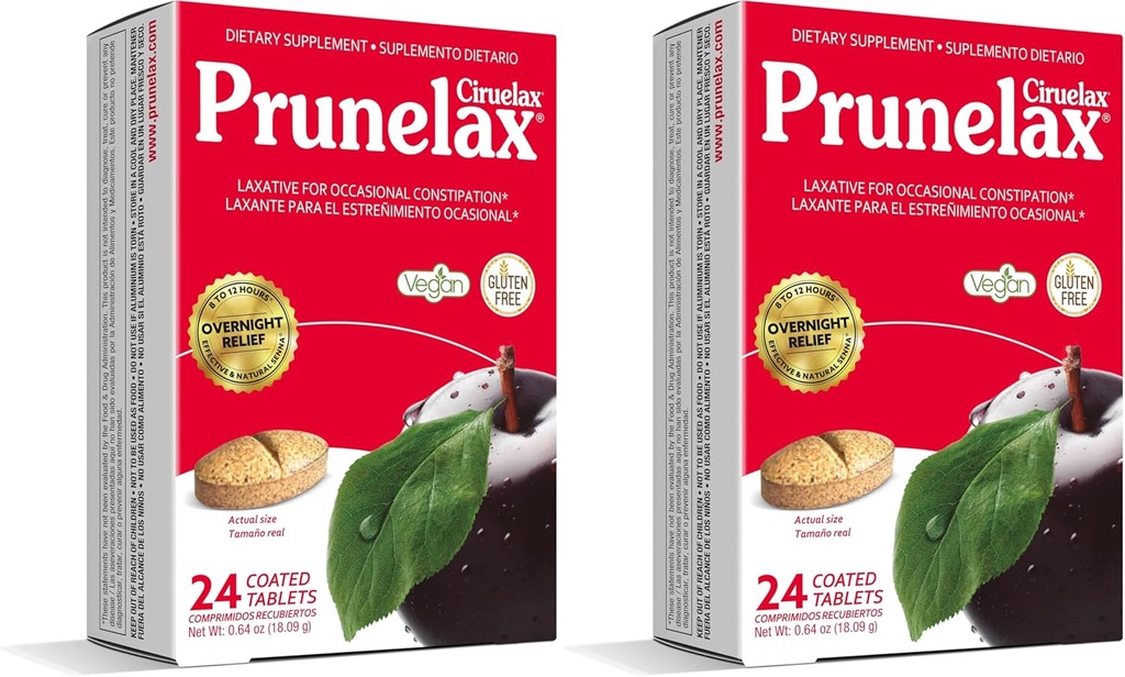 Prunelax Ciruelax Laxative Tablets Τακτικής Δύναμης - Φυσικό- Συστατικό Βασικό Laxative για Περιστασιακή Δυσκοιλιότητα, Πρόβλεψη Διανυκτερεύσεις Ανακούφιση με Senna Leaf Extracts, 8-12 Hr Fast- Acting - 24ct
