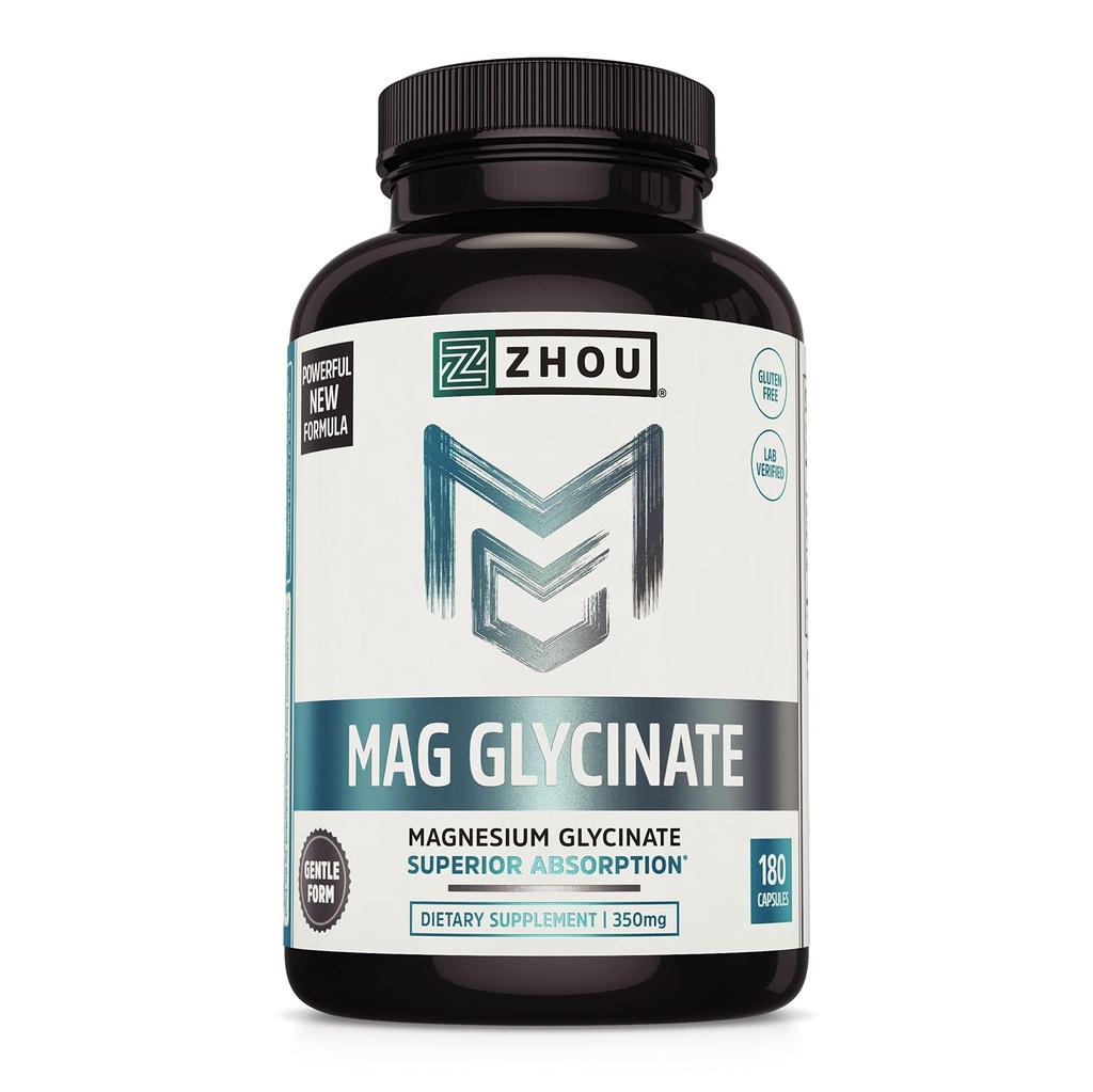 Zhou Magnesium Glycinate - Pure Mag Glycenate συμπλήρωμα για τους άνδρες και τις γυναίκες, φυσική βοήθεια ύπνου, υποστήριξη για την υγεία της καρδιάς, χαλάρωση μυών & ζωτικότητα - 180 Vegan Φιλικές κάψουλες