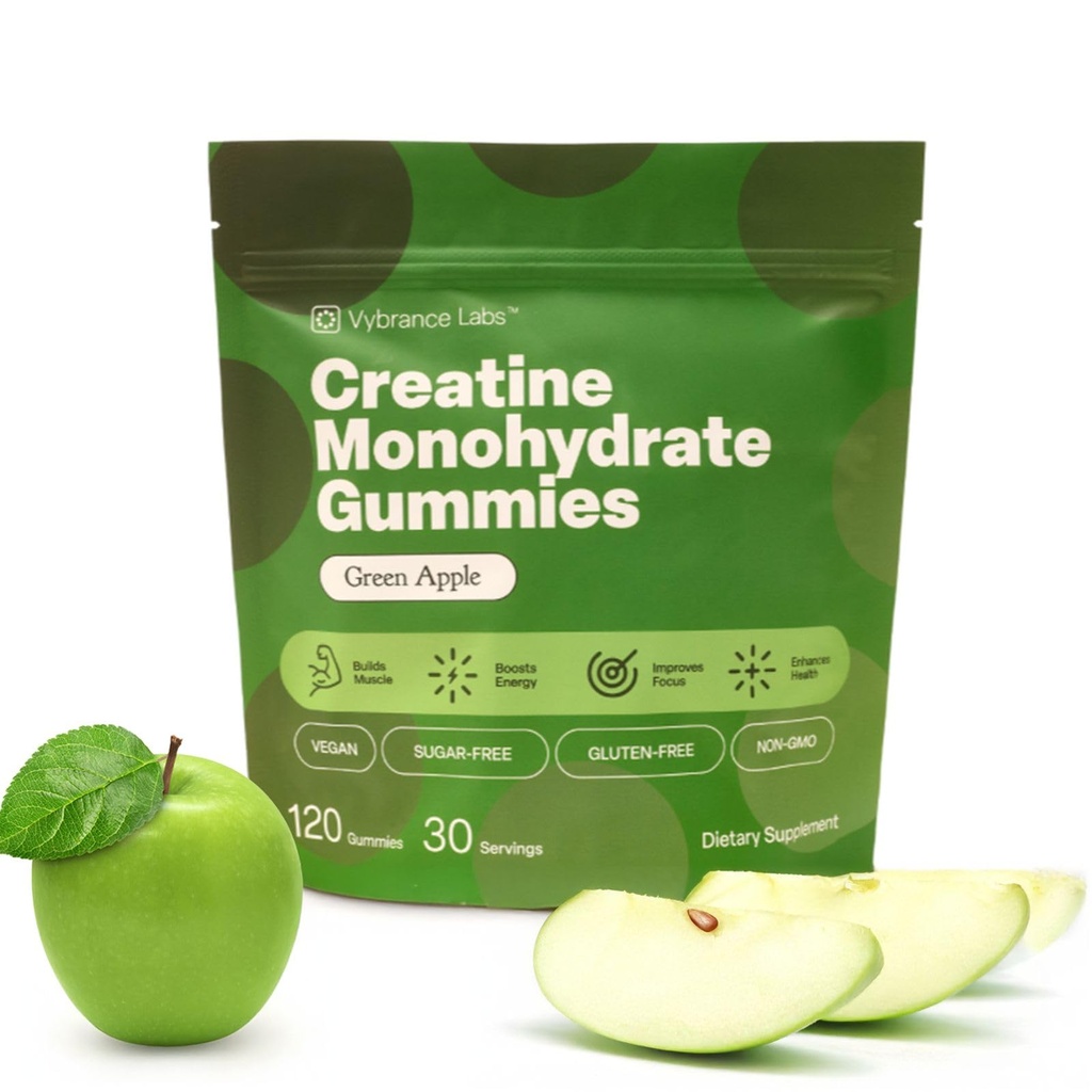 Creatine Gummies 5g Monohydrate + Taurine & B12 - Χωρίς ζάχαρη, Vegan, Χωρίς γλουτένη - Πράσινο μήλο - 120 Count (30 Services) για δύναμη, ενέργεια & εστίαση