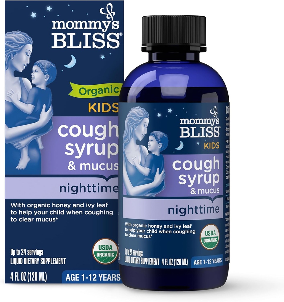 Mommy's Bliss Organic Kids Cough Syrup & Mucus Relief for Night Time, Agave & Honey, Ivy Leaf, Zinc, Vitamin C, +Herbal Nighttime Blend, 4 Fl z