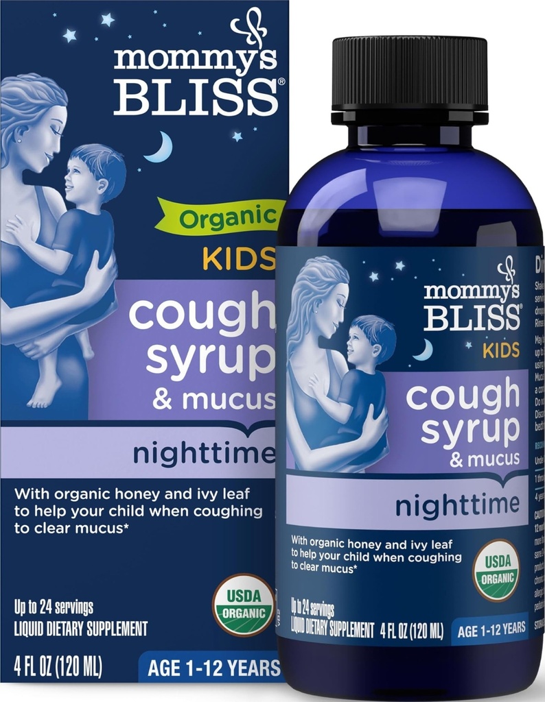 Mommy's Bliss Organic Kids Cough Syrup & Mucus Relief for night Time, Agave & Honey, Ivy Leaf, Zinc, Vitamin C, +Herbal Nighttime Blend, 4 fl z