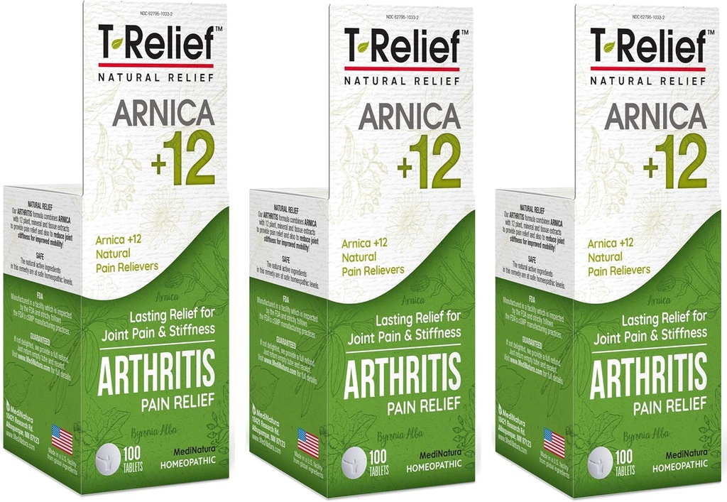 T- Relief Extra Strength Arthritis Pain Reliever Arnica +12 Natural Medicines for Joint Sureness Stiffness Aches, Quick Dissolving Pain Relief for Women & Men - 100 Tablets (Pack of 3)