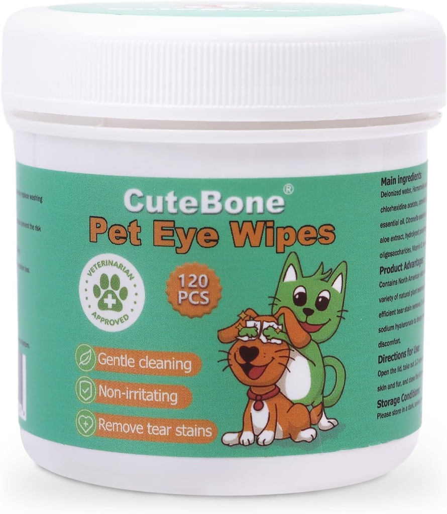 CuteBone Pet Eye Wipes 120 Count - Απλές και καταπραϋντικό μάτι καθαρισμού μαντηλάκια για σκύλους και γάτες, Αφαιρεί τη βρωμιά, τα δακρυγόνα, και αποβράσματα, Αποτρέπει τις μολύνσεις των ματιών, φυσικά συστατικά, ασφαλές και εύκολο στη χρήση