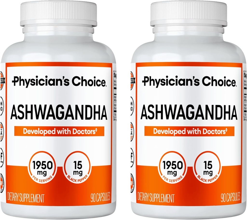 Physician's CHOICE Ashwagandha 1950mg Organic Ashwagandha Root Powder with Black Pepper Extract, Stress Support, Mood Support Supplement, 90 Veggie Ashwagandha Capsules - 2 PCK