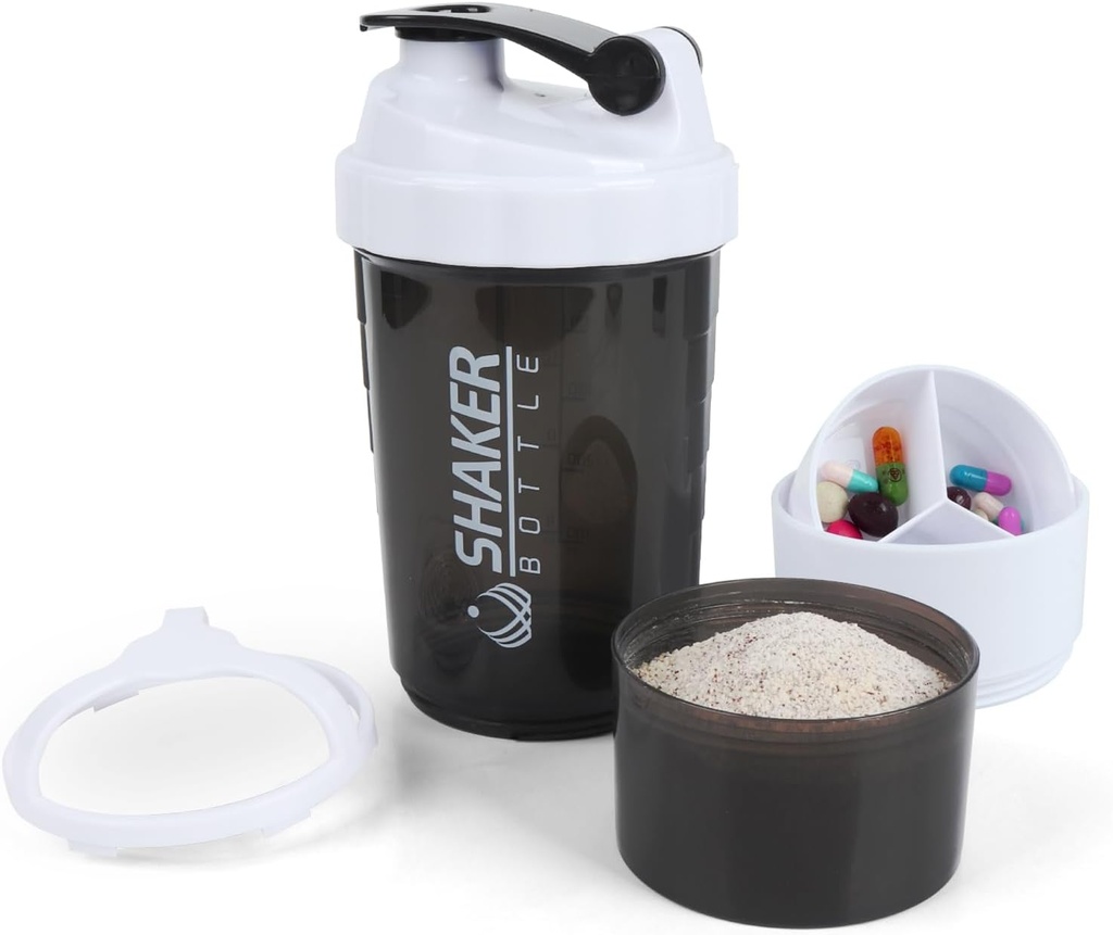 Shaker Μπουκάλι - Κύπελλο Shaker Πρωτεΐνης με Διαμερίσματα Αποθήκευσης - Leak-proof Γυμναστήριο Ανακινήστε Μπουκάλια με Mixer για Smooth Mixing-500ML/16oz (WHITE & BLACK)