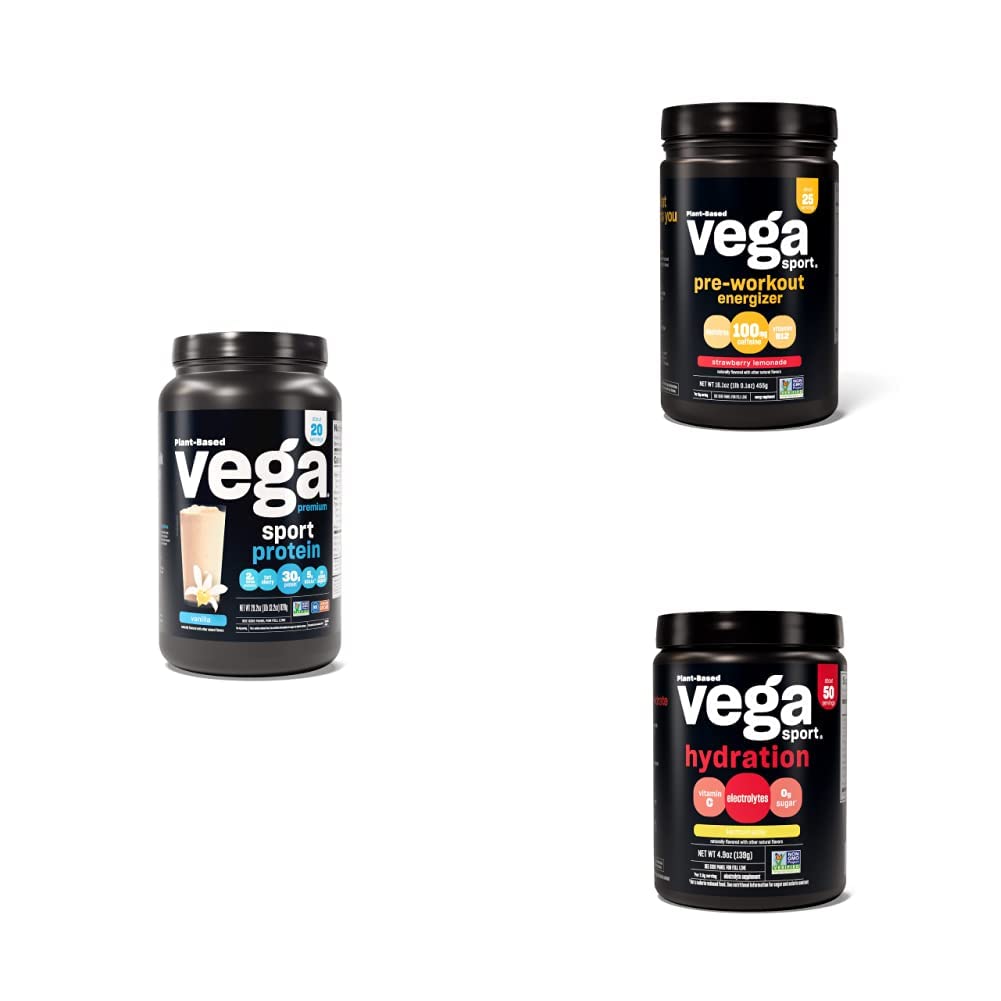Vega Sport Routine Bundle - Premium Vanilla Protein Powder (20 σερβίρεται) Φράουλα Λεμονάδα Preworkout Energizer (25 σερβίτσια) και Λεμονάδα Ηλεκτρολυτική Ενυδάτωση (50 σερβίρεται)