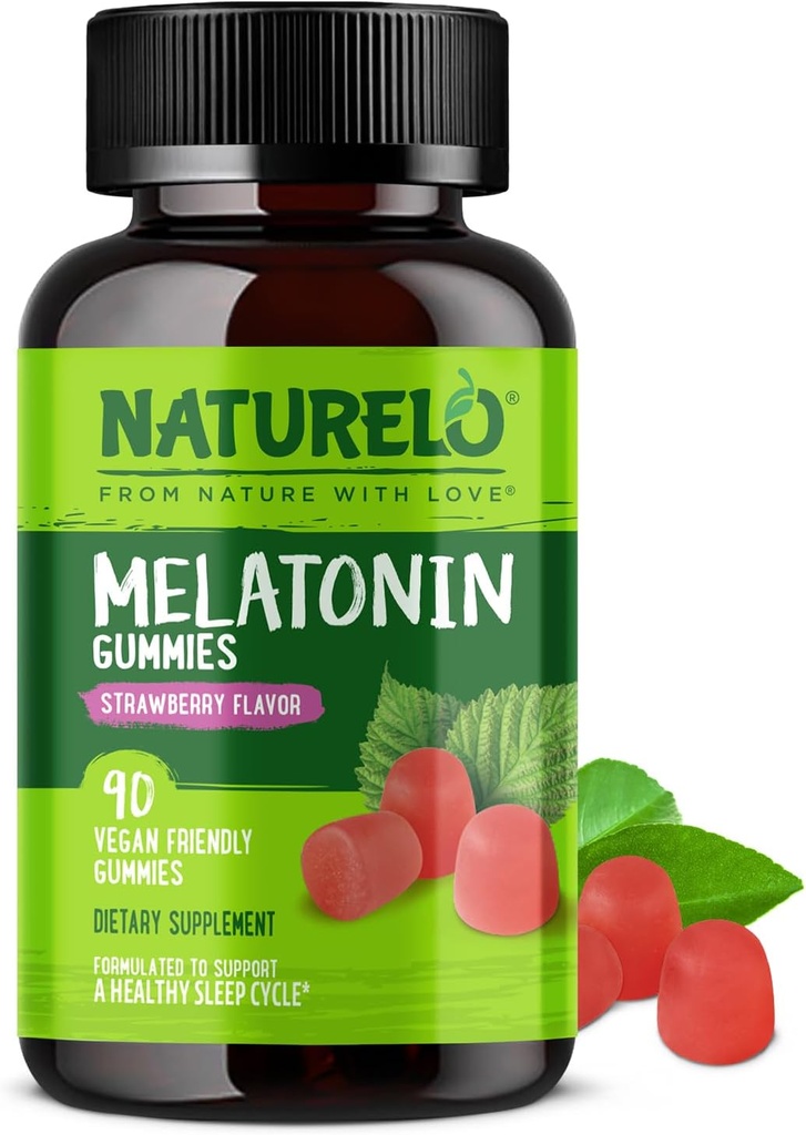 NATURELO Melatonin Gummies – Non-GMO, Gluten-Free, Soy Free - Strawberry Flavor - Gentle Sleep Supplement - 90 Vegetarian Gummies