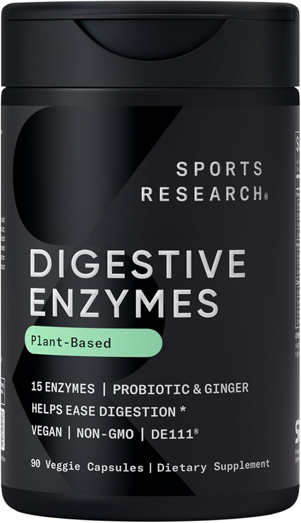 Sports Research Digestive Enzymes with Probiotics & Ginger - Plant based for Dairy, Protein, Sugar & Carbs - Μη ΓΤΟ Επαληθευμένο & Vegan Friendly (90 κάψουλες λαχανικών)