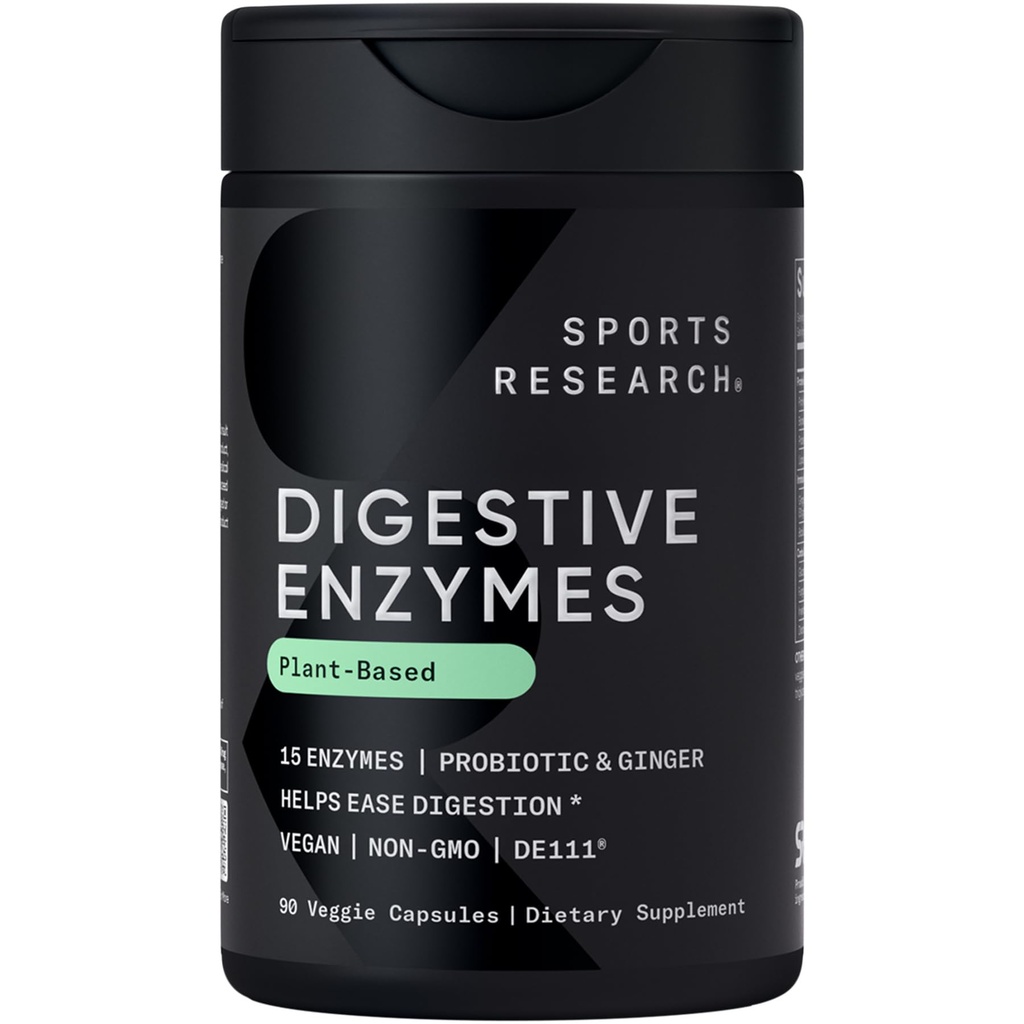Sports Research Digestive Enzymes with Probiotics & Ginger - Plant based for Dairy, Protein, Sugar & Carbs - Μη ΓΤΟ Επαληθευμένο & Vegan Friendly (90 κάψουλες λαχανικών)