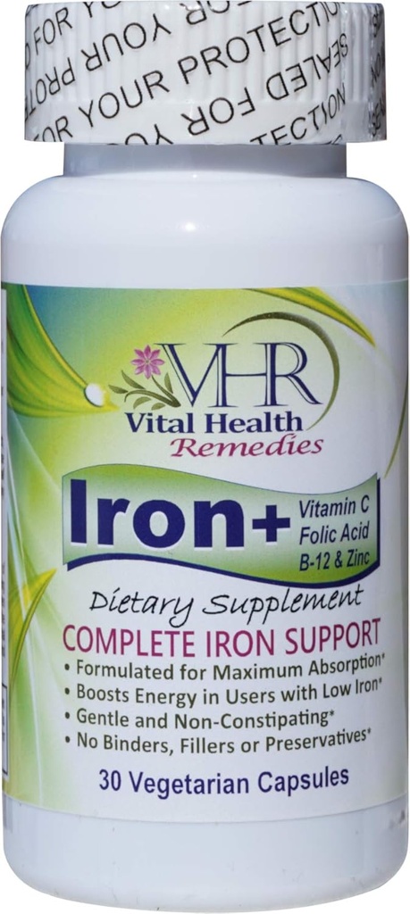 Σιδήρου+ με βιταμίνη C, FOLIC Acid, B-12 & ZINC χωρίς συντηρητικό, απαλό και μη ενισχυτικό Formulated για μέγιστη απορρόφηση. 30 Veggie caps - Vital Health Remedies