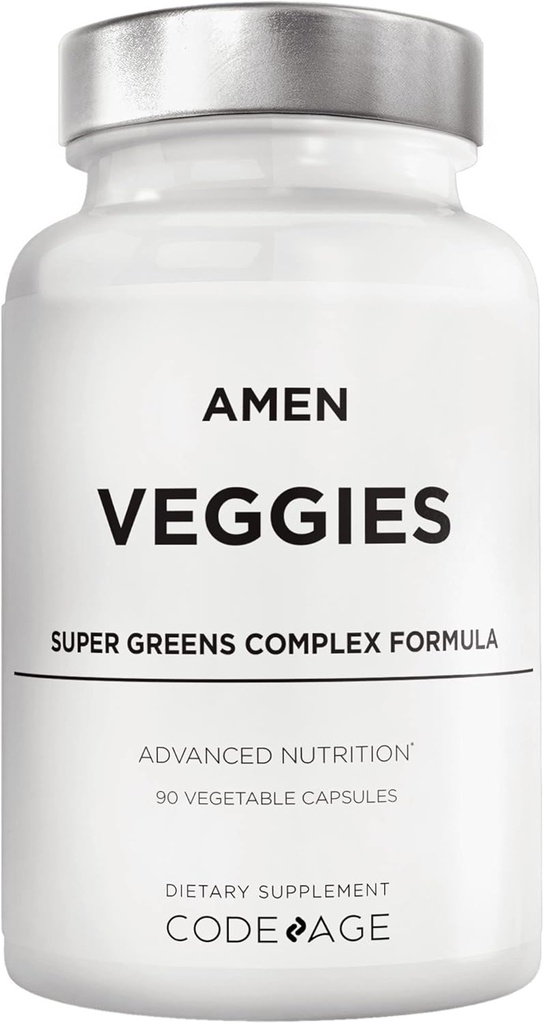 Amen Veggies, Daily Veggies Συμπλήρωμα βιταμινών, Λαχανικά Vegan Blend & Ολόκληρα τρόφιμα Ακατέργαστα κάψουλες πολυβιταμίνες, Mushroom Complex, Superfood, Ορυκτά, Πράσινα φυτικά θρεπτικά συστατικά, Μη ΓΤΟ, 90 ct