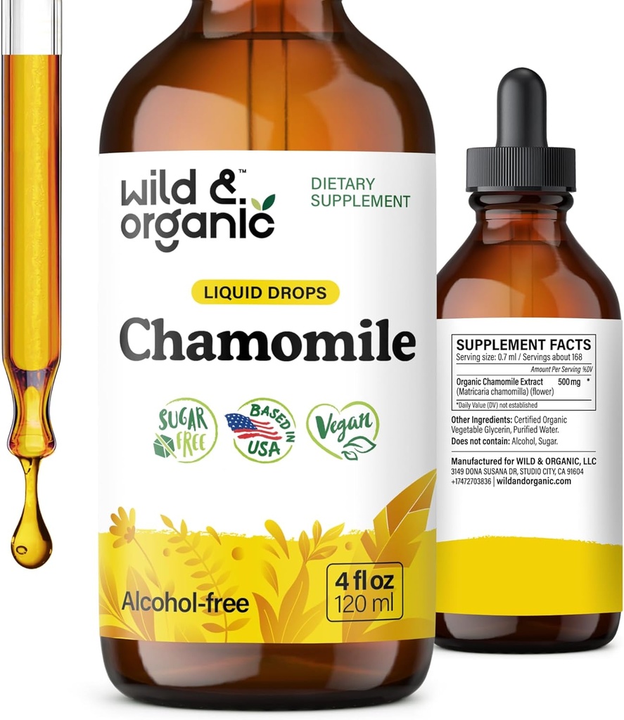 Wild & Organic Chamomile Flowers Tincture - Calming Supplement for Relaxation - Chamomile Extract Liquid Drops - Vegan, Sugar & Alcohol-Free - 4 fl oz