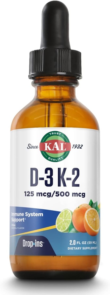 KAL D3 K2 DropIns 125 mcg / 500 mcg Υγρή βιταμίνη D3 K2 σταγόνες, την υγεία των οστών, την υγεία της καρδιάς και το ανοσοποιητικό συμπλήρωμα υποστήριξης, Φυσικό άρωμα εσπεριδοειδών, 60 ημερών εγγύηση επιστροφής χρημάτων, περίπου 59 Serv, 2 OZ FL