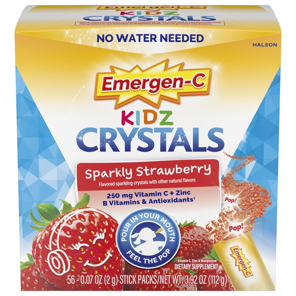Emergen-C Kidz κρύσταλλα, On-the-Go συμπλήρωμα υποστήριξης του ανοσοποιητικού συστήματος Emergen-C με βιταμίνη C, βιταμίνες Β, ψευδάργυρο και μαγγάνιο, Sparkly Φράουλα, Stuffer Stick - 56 Stick συσκευασίες
