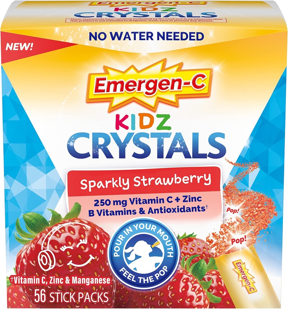 Emergen-C Kidz κρύσταλλα, On-the-Go συμπλήρωμα υποστήριξης του ανοσοποιητικού συστήματος Emergen-C με βιταμίνη C, βιταμίνες Β, ψευδάργυρο και μαγγάνιο, Sparkly Φράουλα, Stuffer Stick - 56 Stick συσκευασίες
