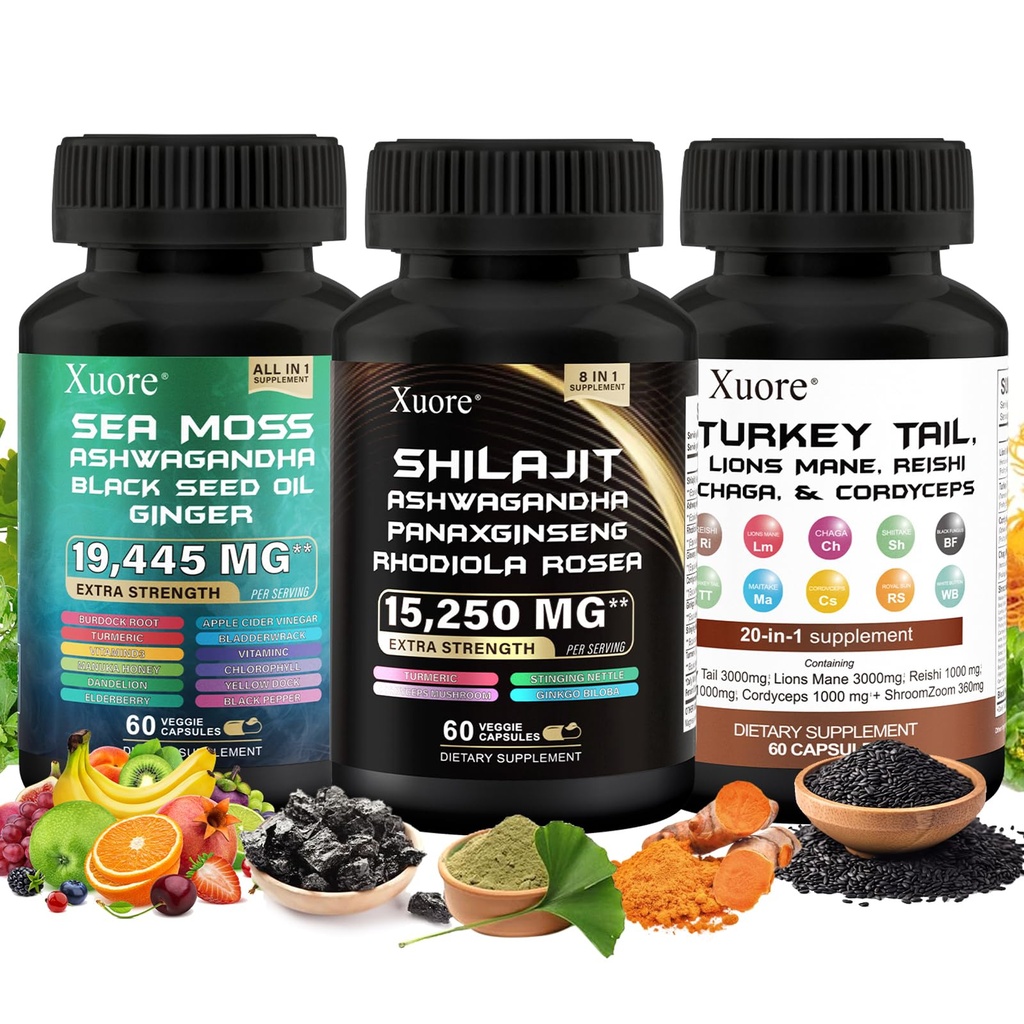 Shilajit,Sea Moss, Black Seed Oil,Mushroom & Herb Supplement with Lions Mane, Turkey Tail, Reishi, Cordyceps, Chaga, Ashwagandha, Ginger, Rhodiola Rosea & Panax Ginseng, Όλα σε ένα συμπλήρωμα.