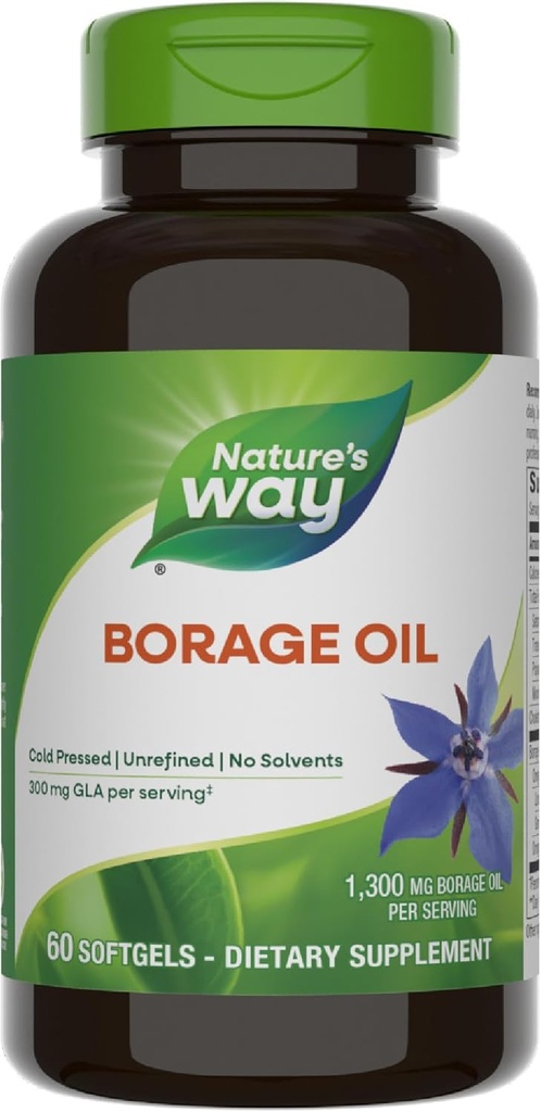 Nature's Way Borage Oil, Cold Pressed & Unrefined, GLA Supplement, 300 mg GLA και 440 mg Λινελαϊκό οξύ ανά Σερβίρισμα, 60 Softgels (Packaging May Vary)