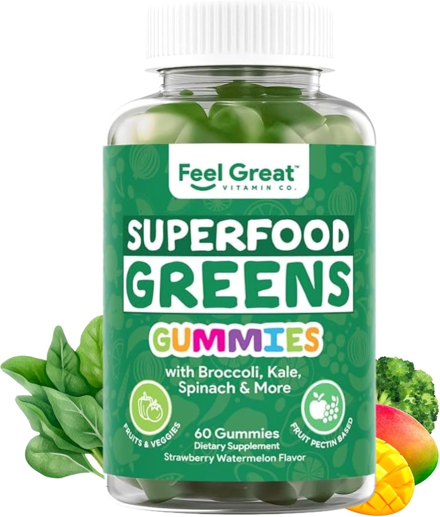 Super Greens Gummies - Green Superfoods συμπλήρωμα με σπανάκι, μπρόκολο, Kale, Beet Root, Elderberry για την Ανοσία Υποστήριξη - Συμπληρώματα φρούτων και λαχανικών - Γεύσεις καρπουζιού, 60 Gummies