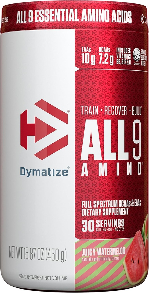 Dymatize All9 Amino, 7.2g of BCAAs, 10g of Full Spectrum Essential Amino Acids Per Serving for Recovery and Optimal Muscle Protein Synthesis, Juicy Watermelon, 30 Servings, 15.87 Ounce