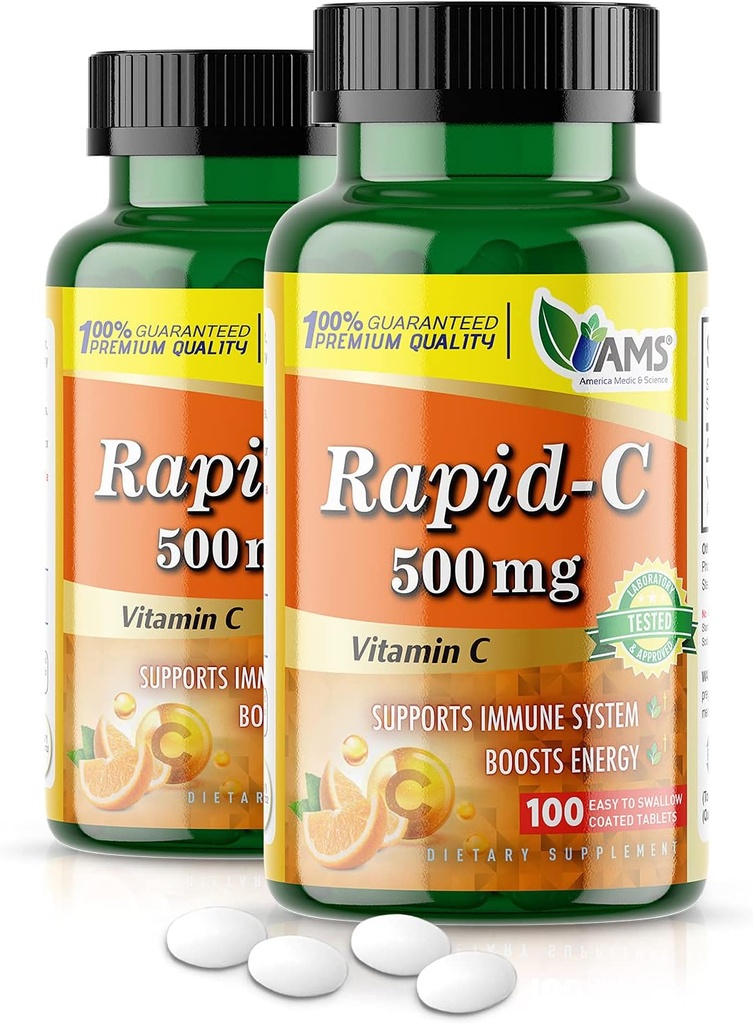 America Medic & Science Rapid-C 500mg συμπλήρωμα βιταμίνης C (2 Pack of 100 Tablets) Ενεργειακός ενισχυτής, Καθημερινή υποστήριξη ανοσοποιητικού συστήματος, Αντιοξειδωτικό 