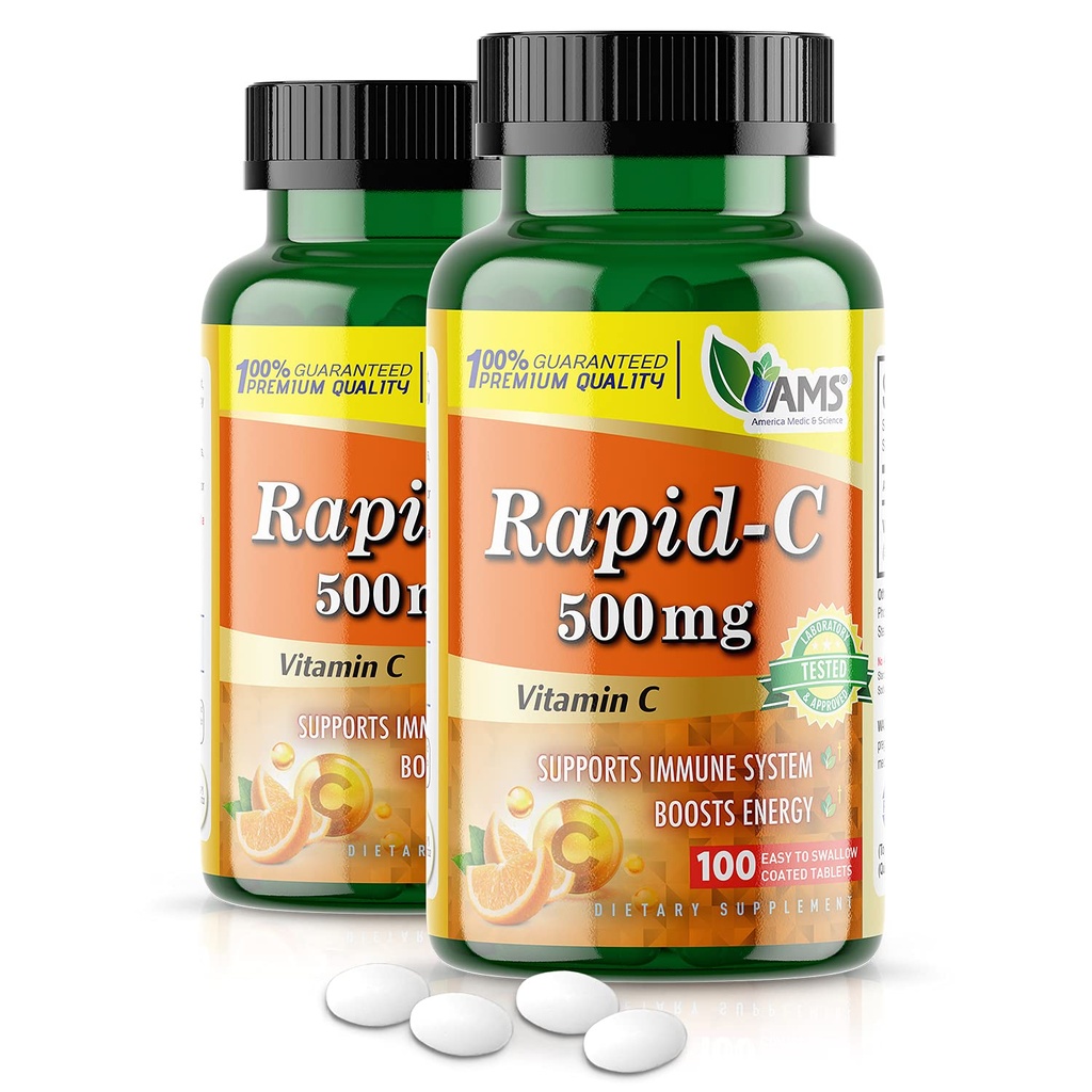 America Medic & Science Rapid-C 500mg συμπλήρωμα βιταμίνης C (2 Pack of 100 Tablets) Ενεργειακός ενισχυτής, Καθημερινή υποστήριξη ανοσοποιητικού συστήματος, Αντιοξειδωτικό 