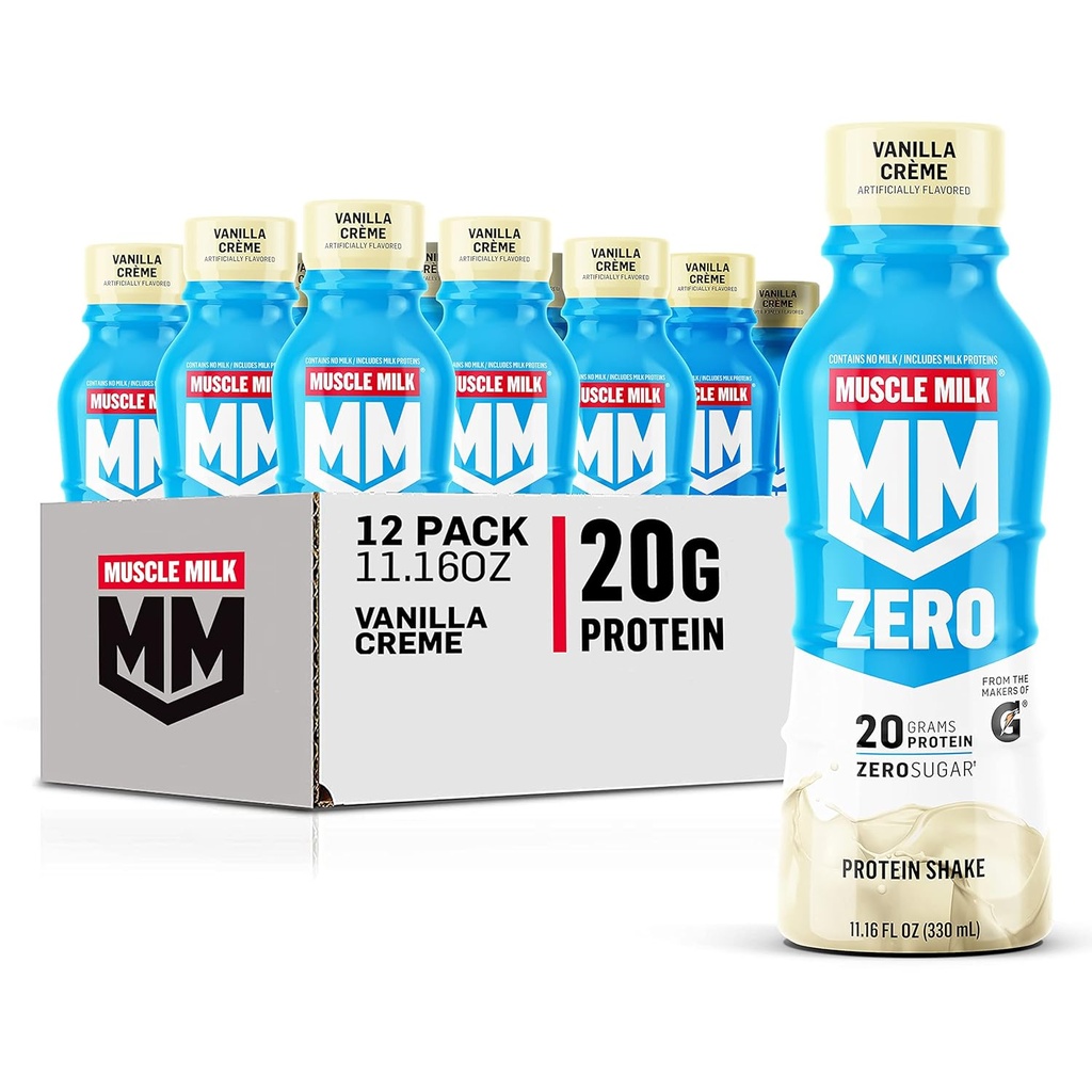 Muscle Milk Zero Protein Shake, Vanilla Crème, 20g Protein, Zero Sugar, 100 Calories, Calcium, Vitamins A, C & D, 4g Fiber, Energizing Snack, Workout Recovery, Packaging May Vary 11.16 Fl Oz (Pack of 12)