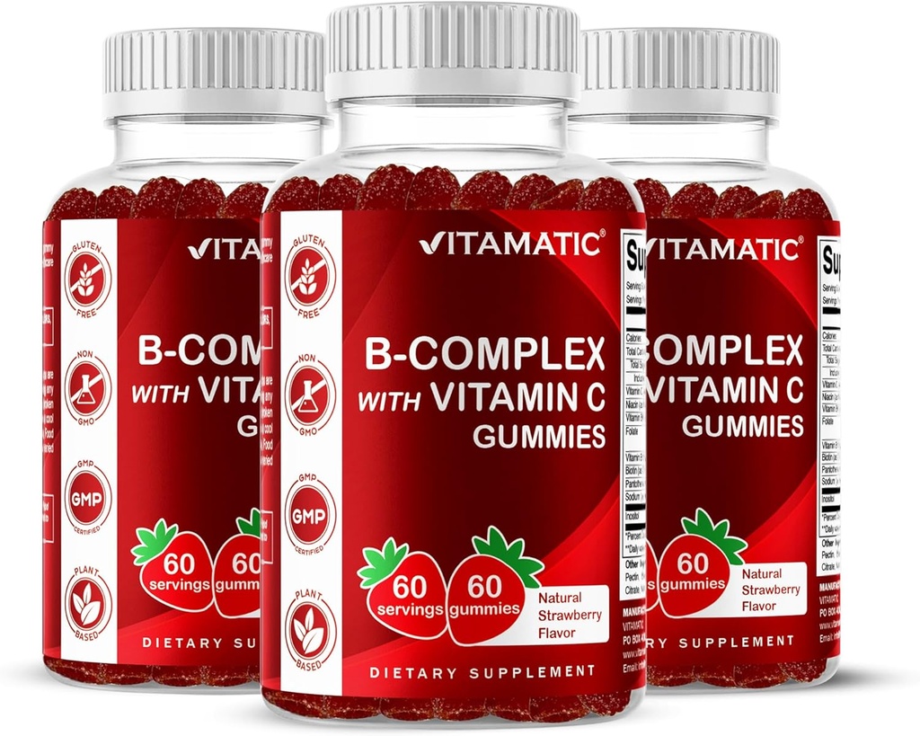 Vitamatic Vitamin B Complex Gummies with Vitamin C & Inositol - Φυσικό άρωμα φράουλας - 60 Gummies (3 μπουκάλια)